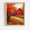 A painting of a red barn and vibrant autumn foliage with rows of red apples in a field.