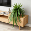 A potted artificial Persian fern hanging vine with long green fronds on a wooden shelf.