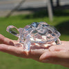 A clear glass miniature tortoise statue is held in a person's hand against a blurred green outdoor background.