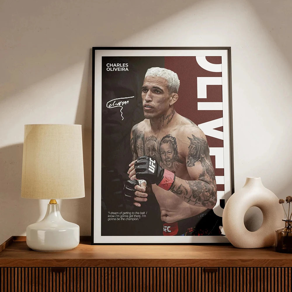 A framed canvas print featuring a portrait of Charles Oliveira in boxing attire.