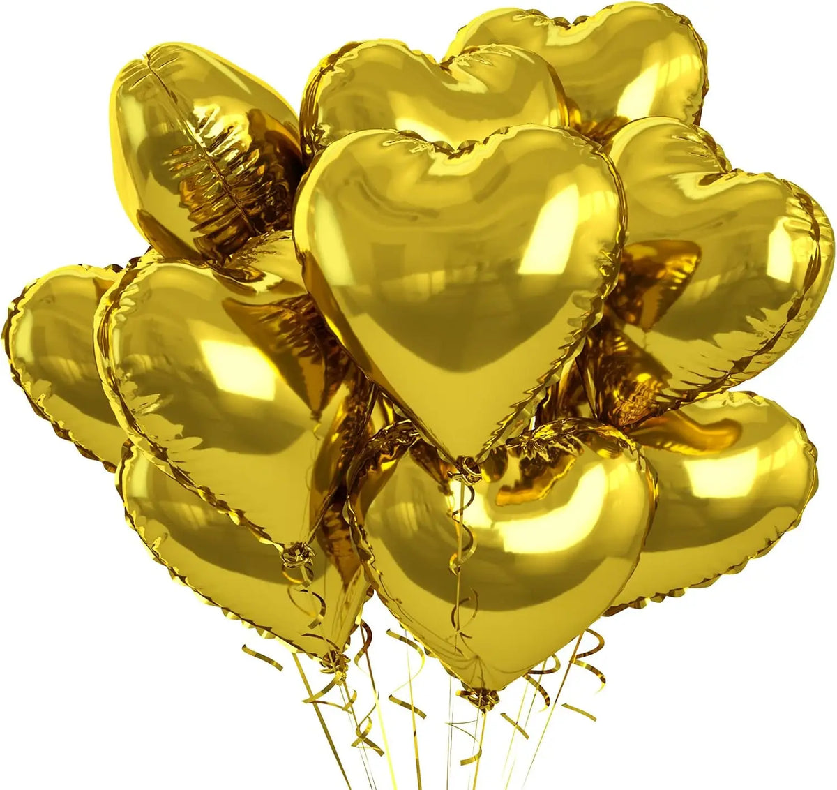 A bunch of shiny gold heart-shaped foil balloons tied together and floating.