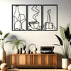 Three black line drawings of a bottle, a cup, and a pen on a wooden cabinet.