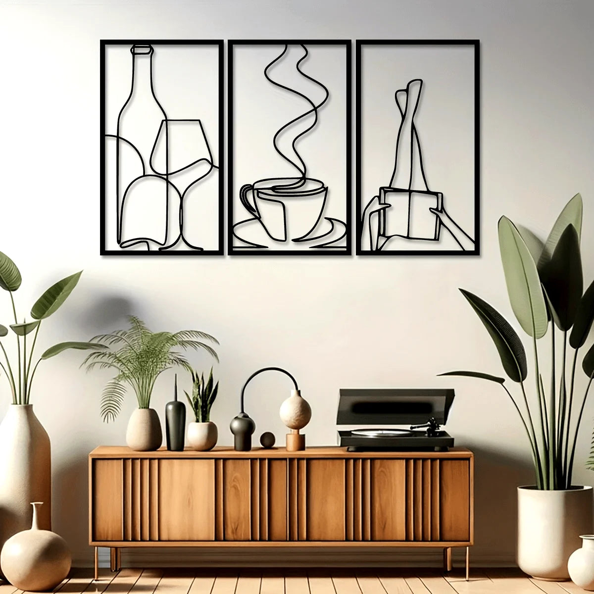 Three black line drawings of a bottle, a cup, and a pen on a wooden cabinet.