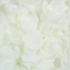 A close-up view of white silk rose petals for weddings and special events.