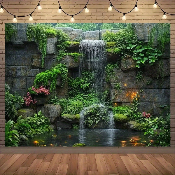 A realistic tapestry featuring a lush green waterfall and mossy rocks with cascading vines and plants.