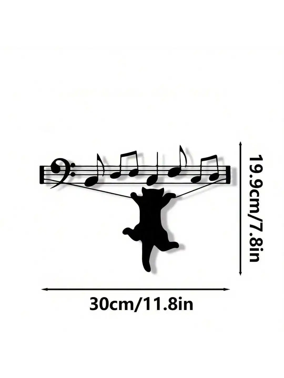 Black silhouette of a cat with musical notes and a treble clef design on metal wall decor