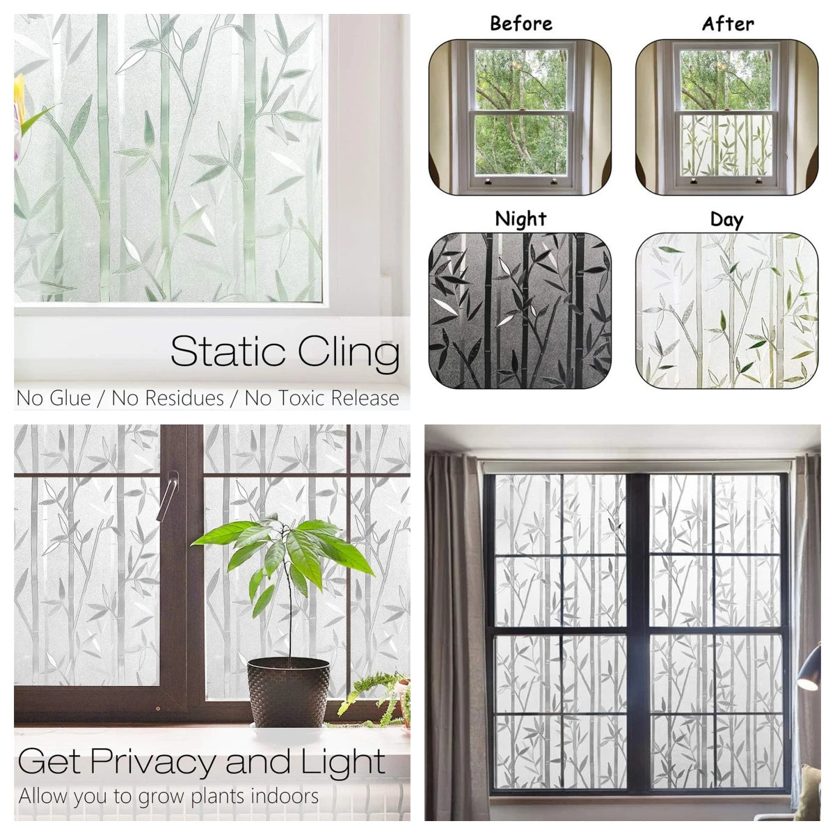 Window privacy film showing before and after results, demonstrating static cling for indoor plant growth.