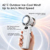 A hand holds a white handheld fan with a magnetic levitation motor and LCD display, demonstrating its ice-cool wind capabilit