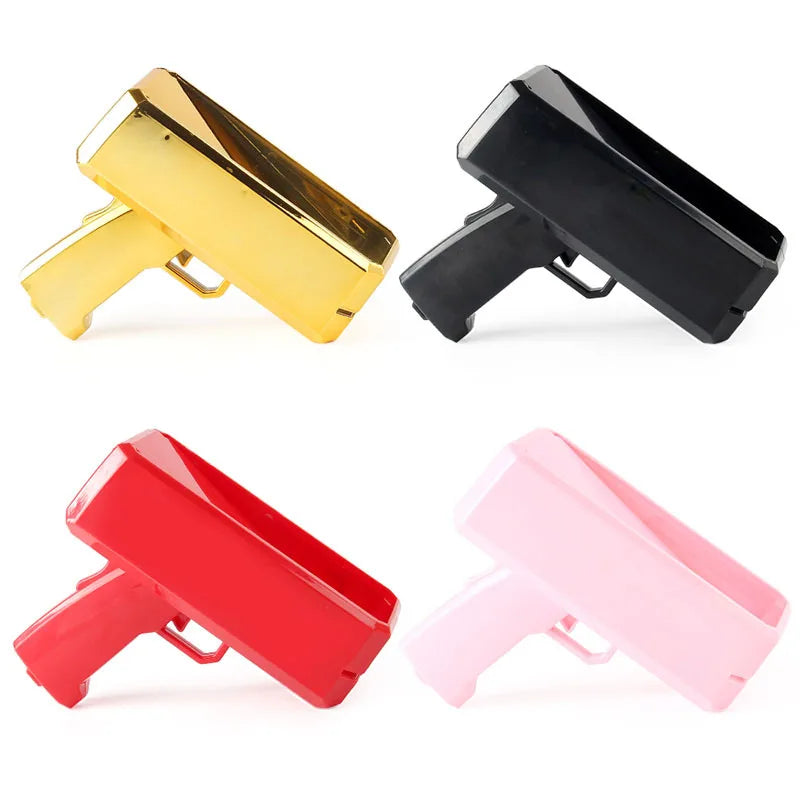 Three funny money shooter toys in gold, black, and pink are displayed at an angle.