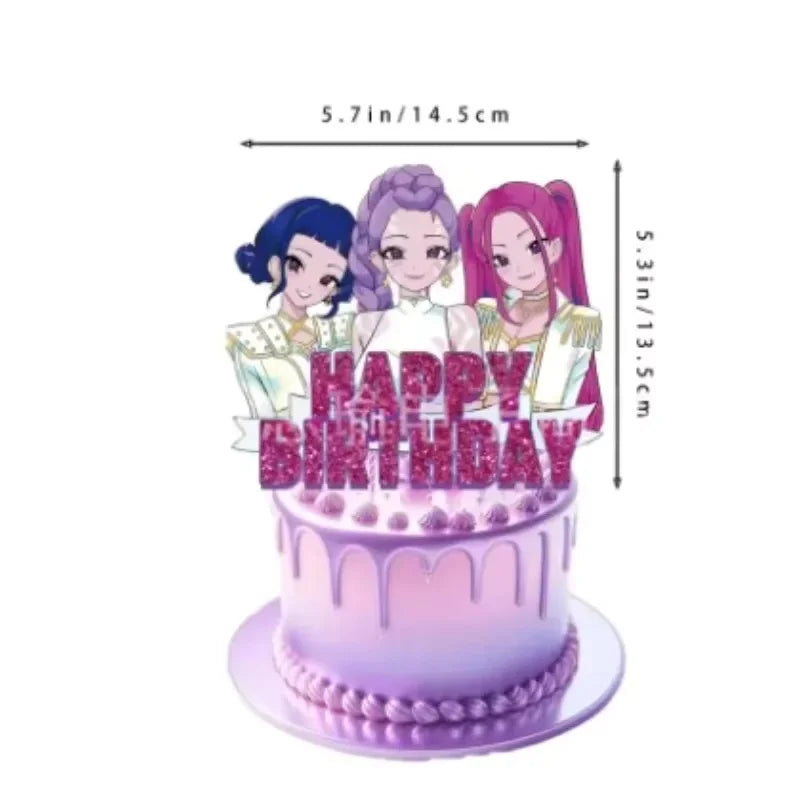 A set of anime girl cake toppers featuring three characters with purple and pink hair on a purple cake.