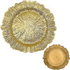 A stack of elegant gold charger plates with textured rims and a smooth center.