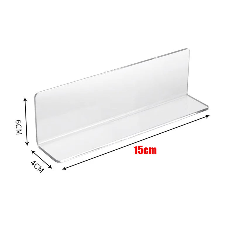 Clear acrylic shelf divider with dimensions 15cm long and 6cm high for cabinet or mirror storage.