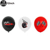 A set of 18 black, white, and red balloons featuring race car and checkered flag designs for birthday party decorations.