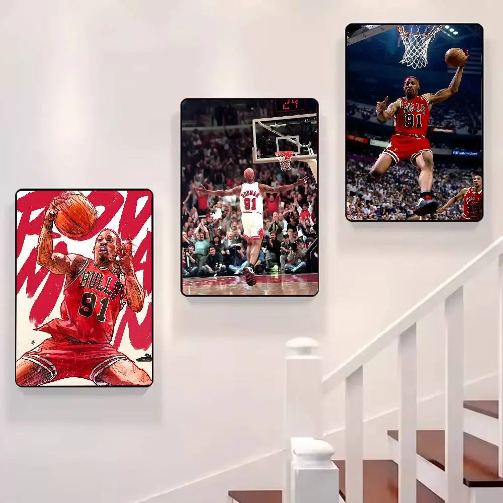 A set of three high-definition sports posters featuring Dennis Rodman playing basketball in a red uniform.