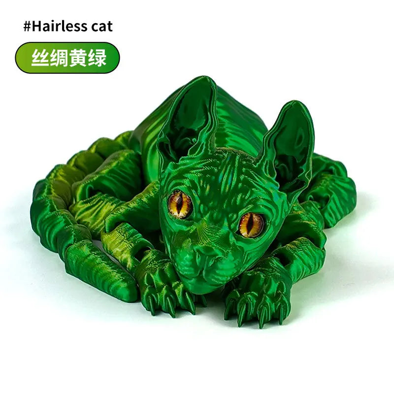 A vibrant green articulated figurine of a hairless cat with large eyes.