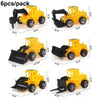 A set of six yellow construction vehicle cake toppers including an excavator, crane, and road signs.