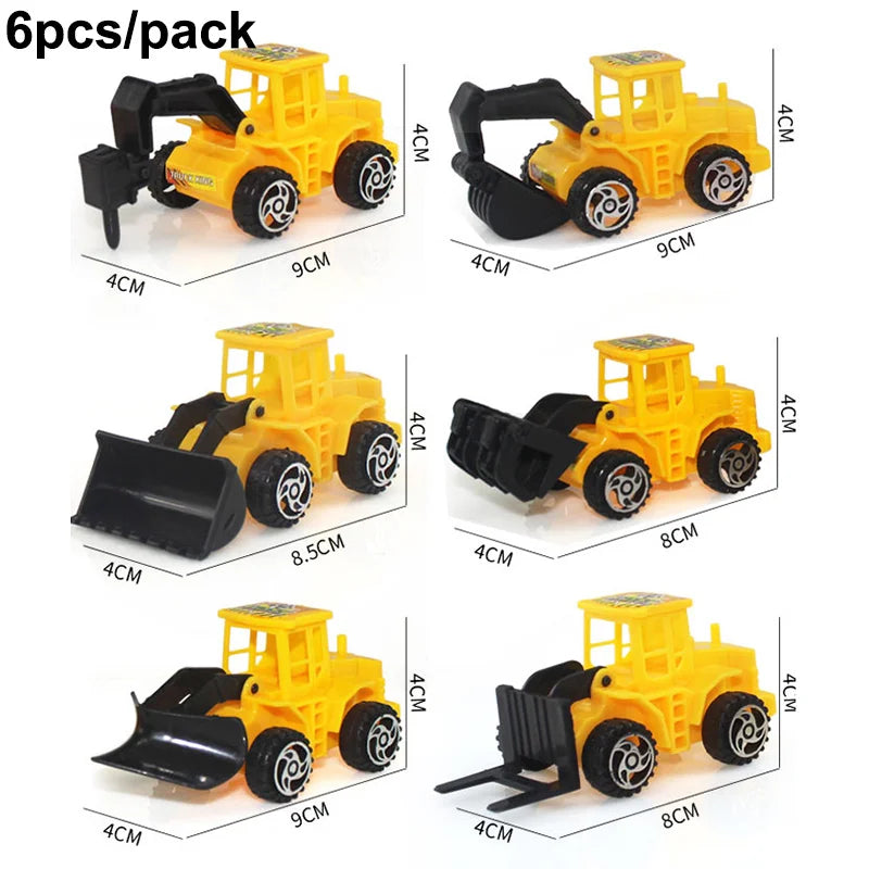 A set of six yellow construction vehicle cake toppers including an excavator, crane, and road signs.