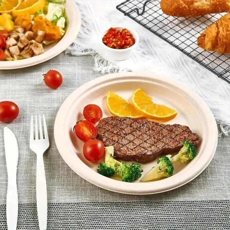 A plate of grilled steak with roasted vegetables, tomatoes, and orange slices served on a rustic table.