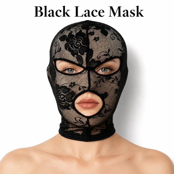 A black lace full face mask with floral patterns worn on a model's face.