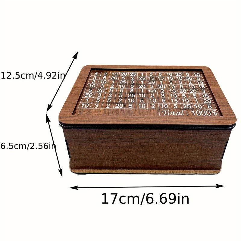 A wooden savings box with a grid tracker showing progress, measuring 17cm long and 6.5cm deep.