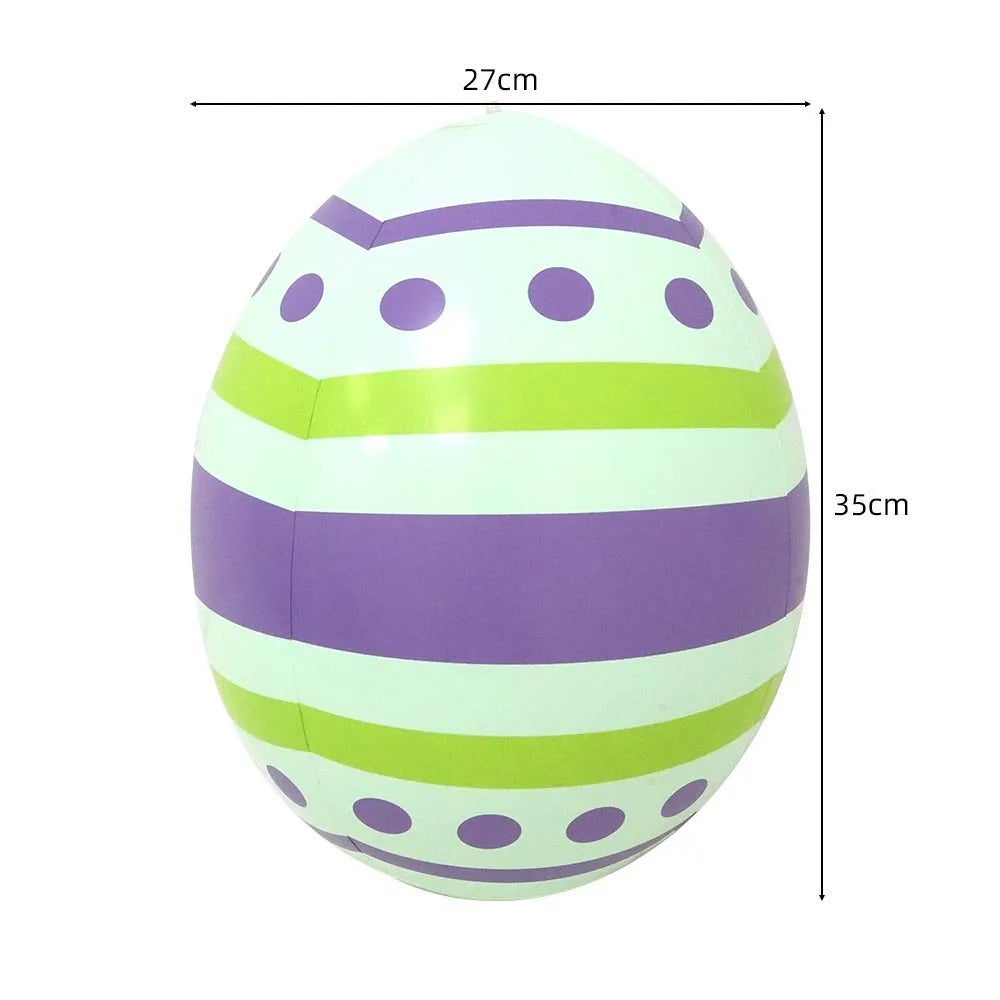 A white foil balloon shaped like a bunny with purple and lime green stripes and polka dots.