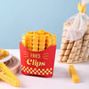A red container of yellow french fry shaped sealing clips is shown next to a bundle of similar clips.
