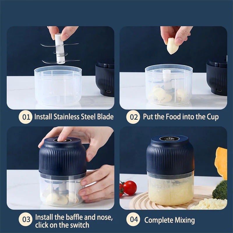 Step-by-step instructions showing how to install and use a mini electric food chopper for ingredients in a clear cup.