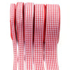 A set of red and white gingham ribbon rolls for gift wrapping, crafts, and party decor.