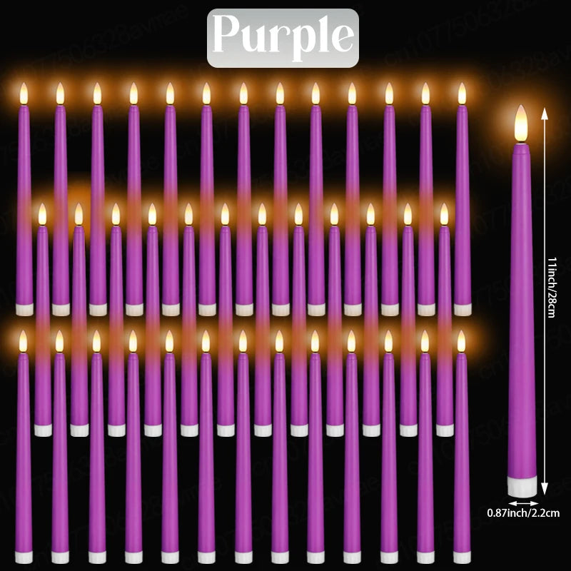A vertical arrangement of purple LED taper candles with flickering flame effects.