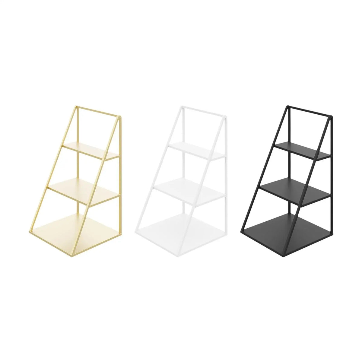 Three versions of a tiered display rack for cosmetics and jewelry in gold, white, and black.