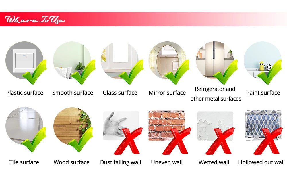 A visual guide showing various surfaces like plastic, glass, mirror, and walls for applying an inspirational vinyl wall decal