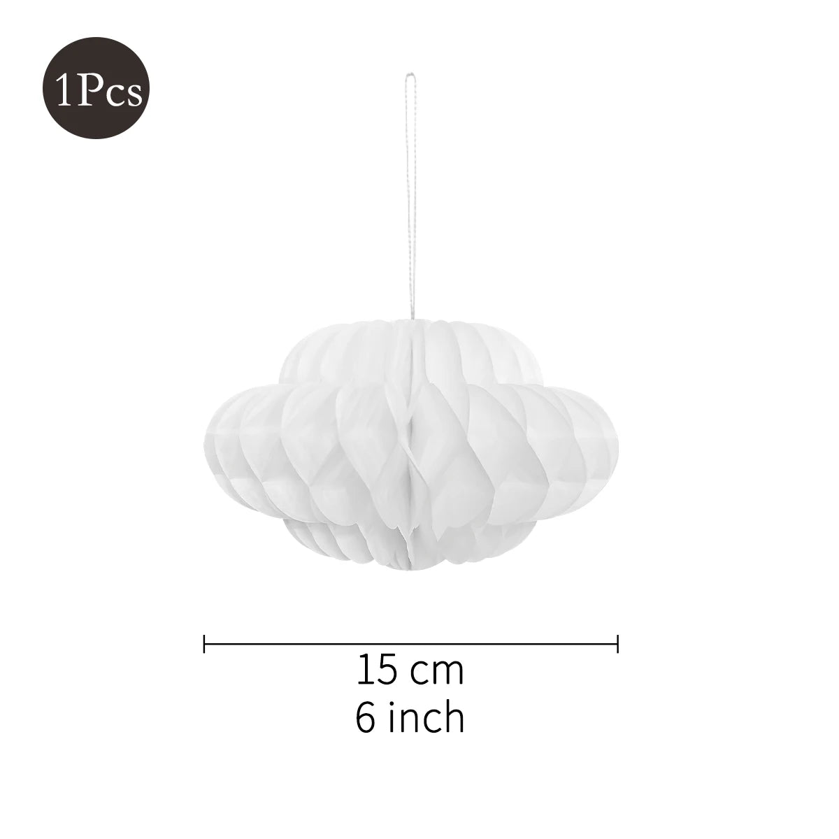 White honeycomb ball decoration set made of paper with a hanging string.