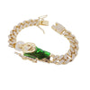 Gold Cuban link bracelet featuring a green religious figure charm.