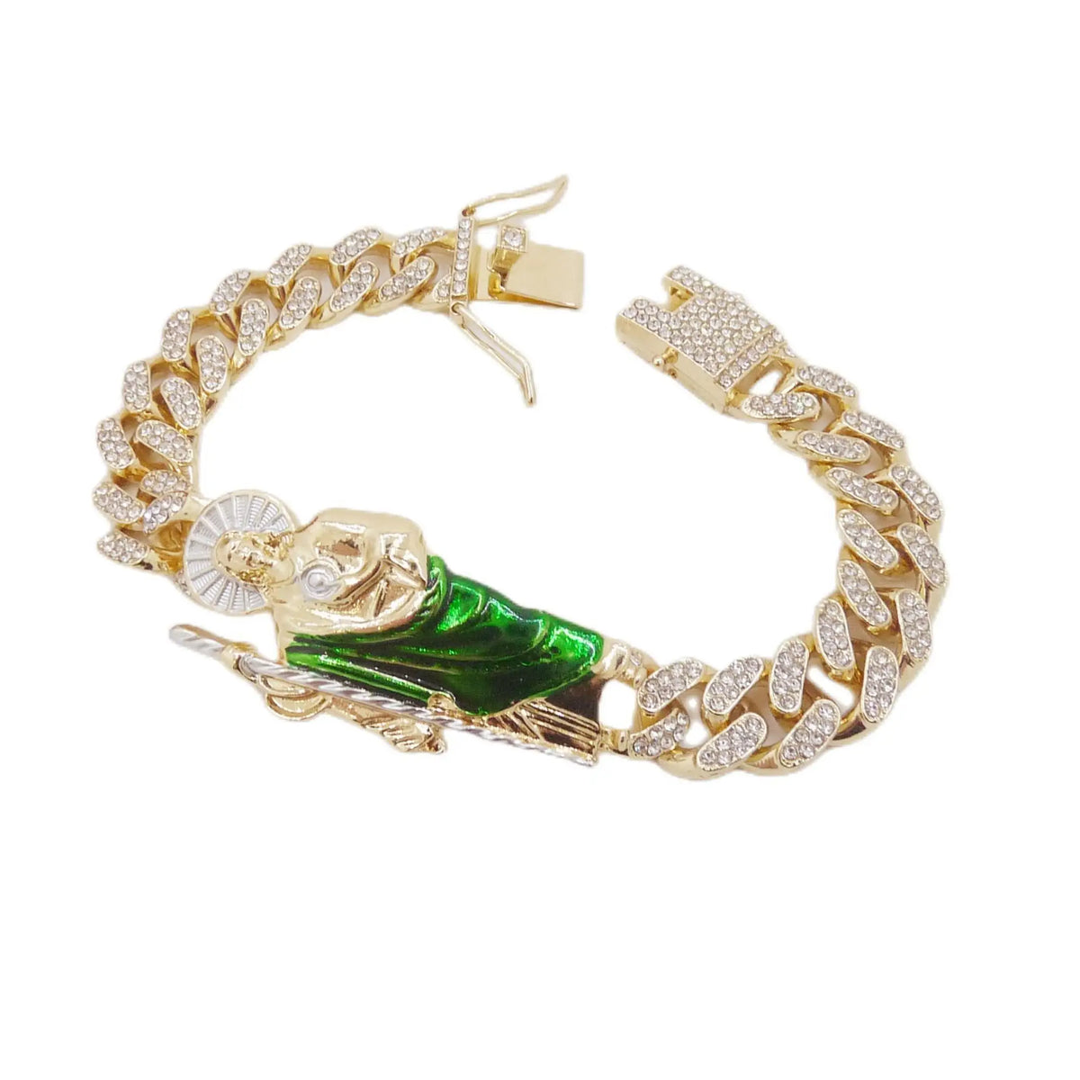 Gold Cuban link bracelet featuring a green religious figure charm.