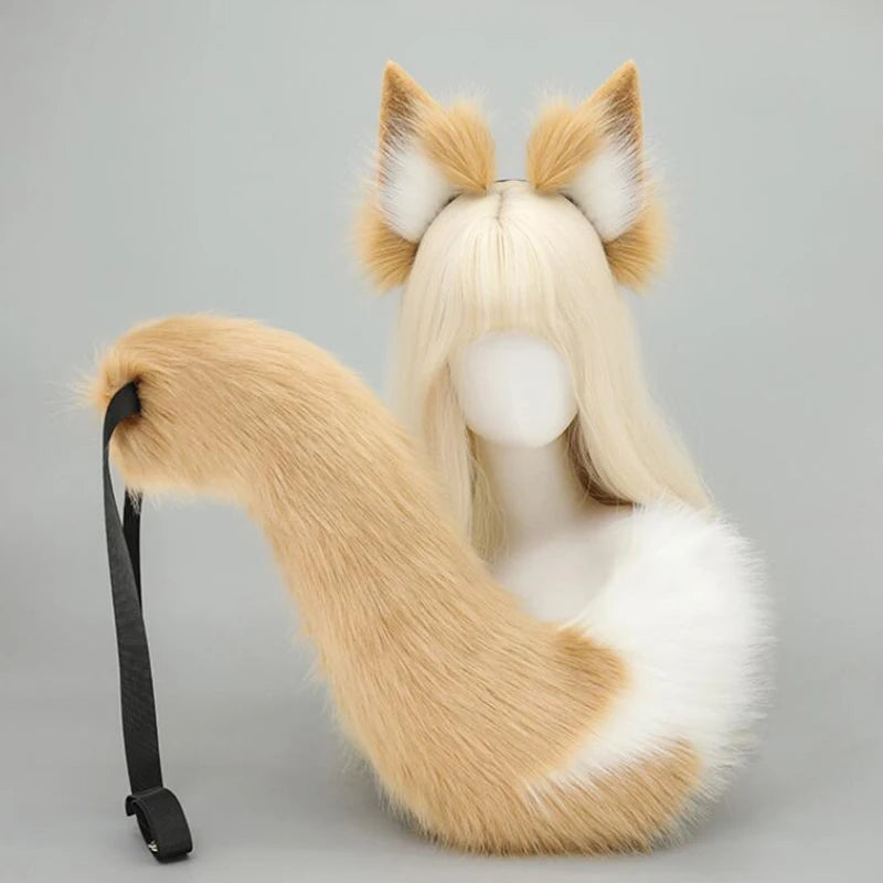 A light tan faux fur fox tail and ear costume set displayed on a mannequin.