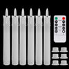 A set of six white flameless LED taper candles displayed vertically on a black background.