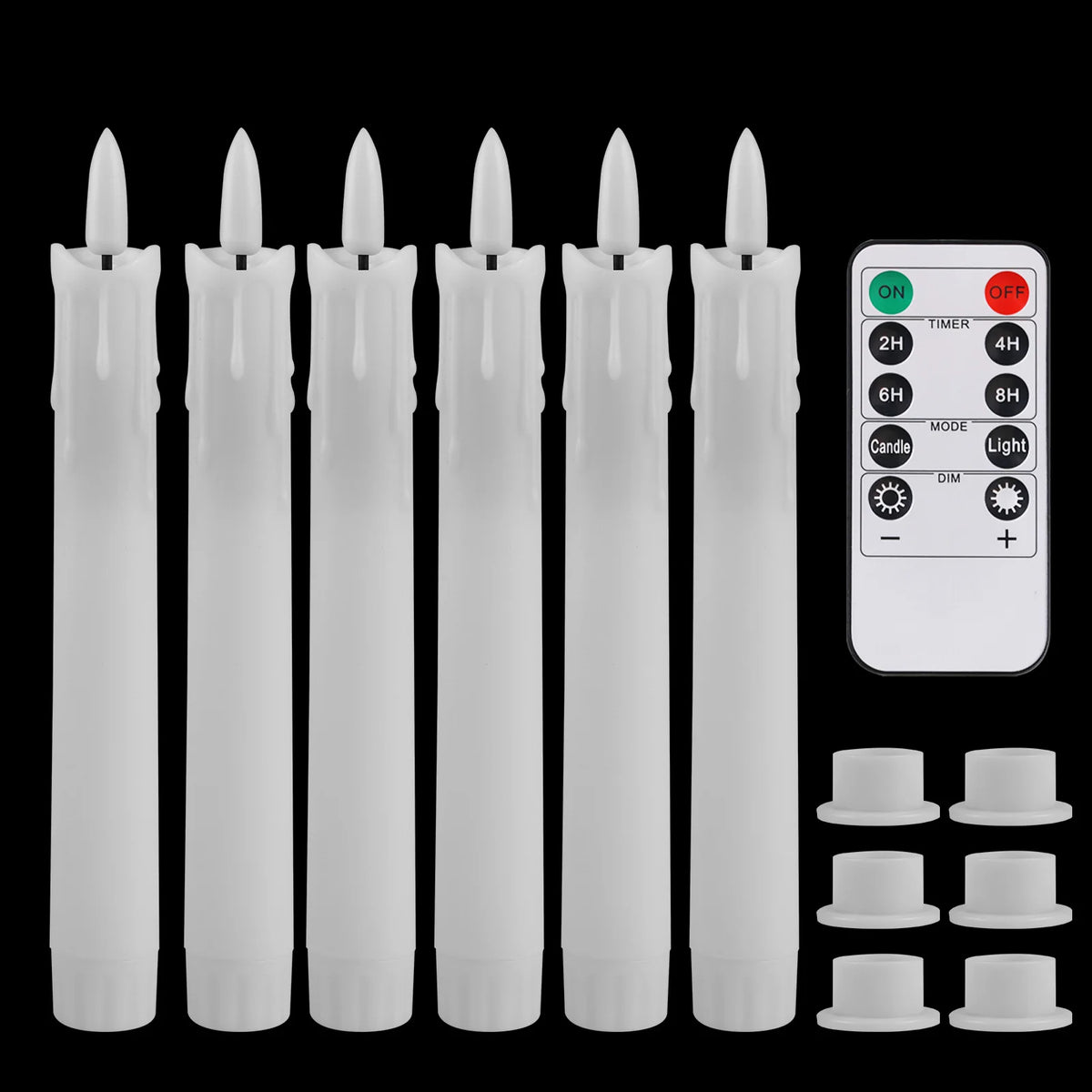 A set of six white flameless LED taper candles displayed vertically on a black background.