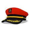 A red captain's hat with a black insignia and a gold braided trim on the brim.