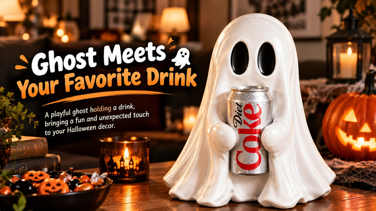 A white ghost figurine holding an aluminum soda can on a wooden table for Halloween decor.
