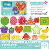 A box of fruit-shaped magnetic stickers and puzzles for children including various shapes like heart, triangle, square, and a
