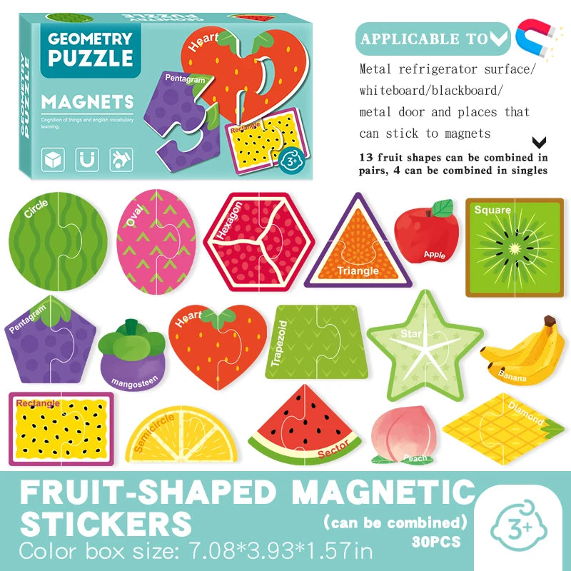 A box of fruit-shaped magnetic stickers and puzzles for children including various shapes like heart, triangle, square, and a