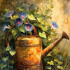 A still life painting featuring a weathered copper pot filled with blue flowers and surrounded by lush green foliage.