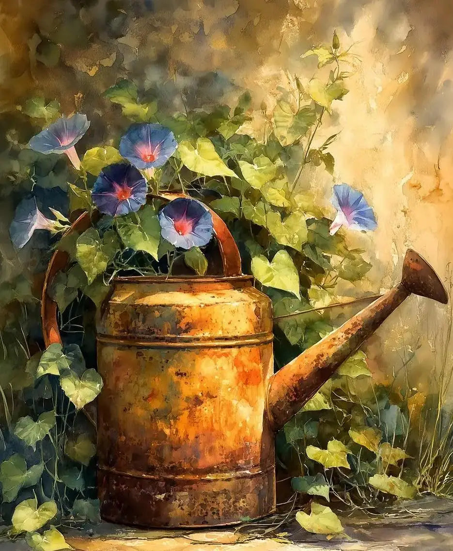 A still life painting featuring a weathered copper pot filled with blue flowers and surrounded by lush green foliage.