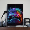 A canvas print featuring a glowing neon purple and blue gaming keyboard and controller setup against a dark background.
