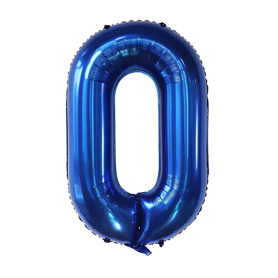 A large, dark blue foil number balloon shaped like the digit zero.