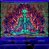 A vibrant tapestry featuring a skull silhouette surrounded by swirling orange and blue flames on a dark background.