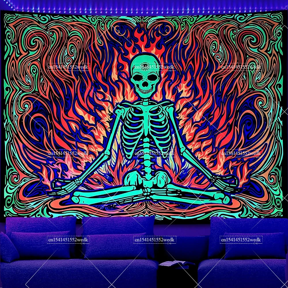 A vibrant tapestry featuring a skull silhouette surrounded by swirling orange and blue flames on a dark background.