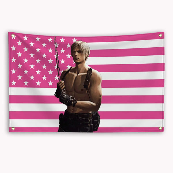 Une bannière avec un motif de drapeau américain rayé rose et blanc et une silhouette masculine en tenue sombre.