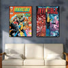 Two posters of the Invincible series animated characters displayed on a gray wall.
