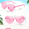 Pink heart-shaped rimless sunglasses shown in various bright colors with size measurements.